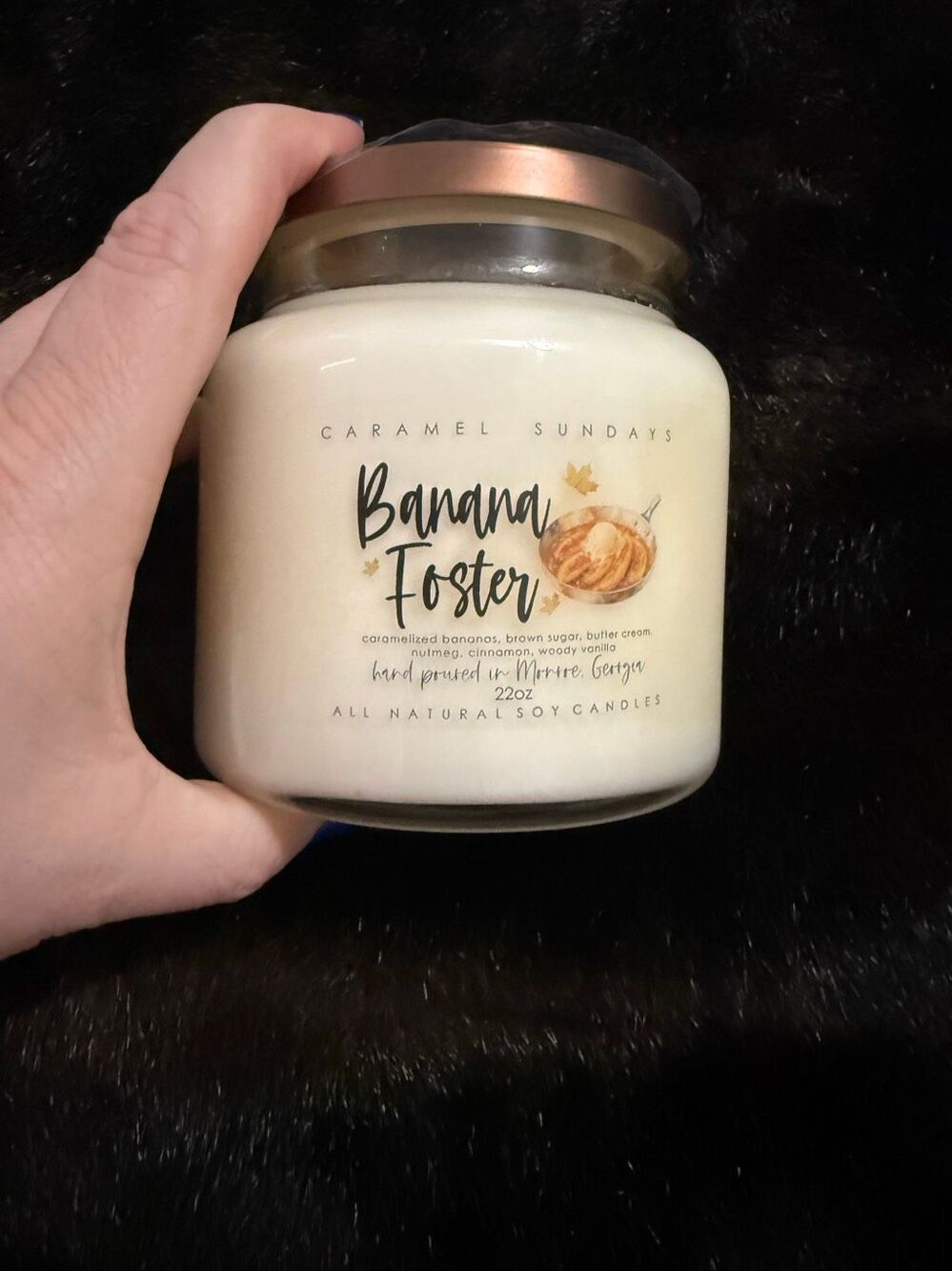 22oz Caramel Sunday brand soy candle named "bananas fosters fall scent gourmand